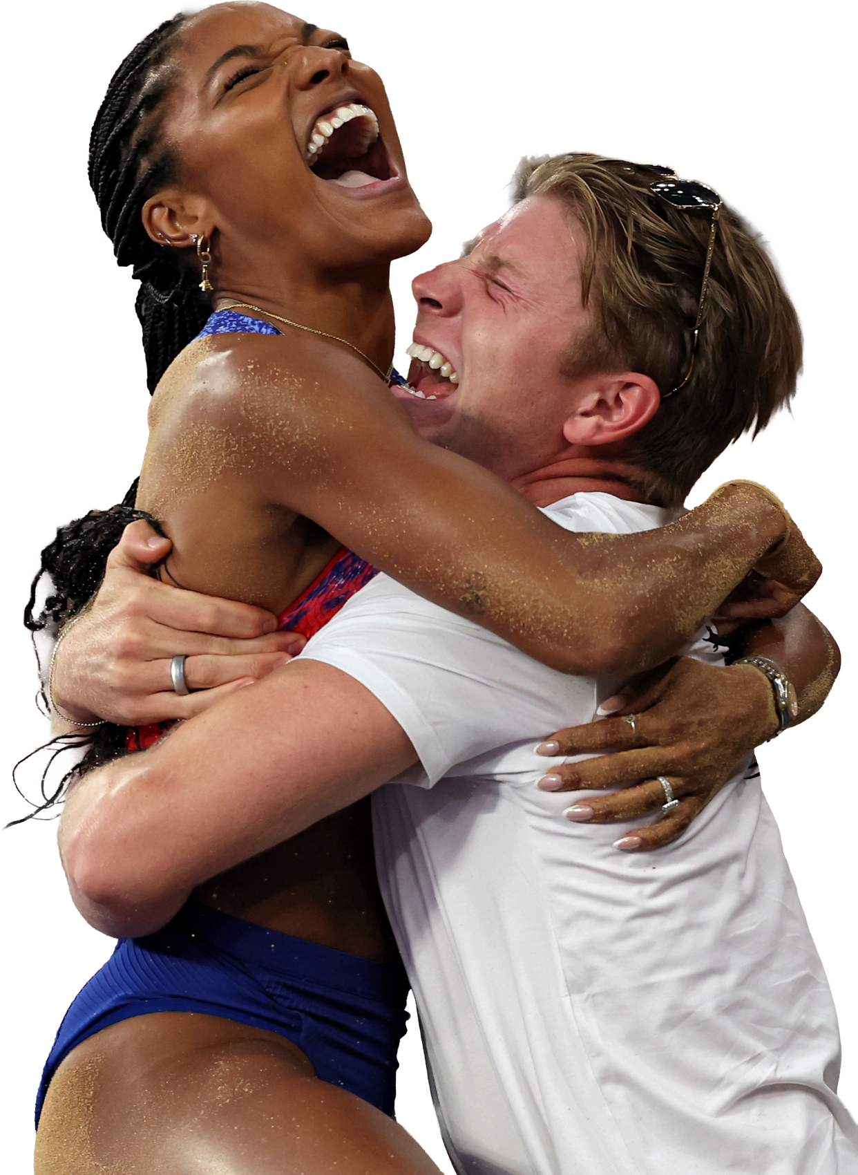 Tara Davis-Woodhall and Hunter Woodhall celebrate victory